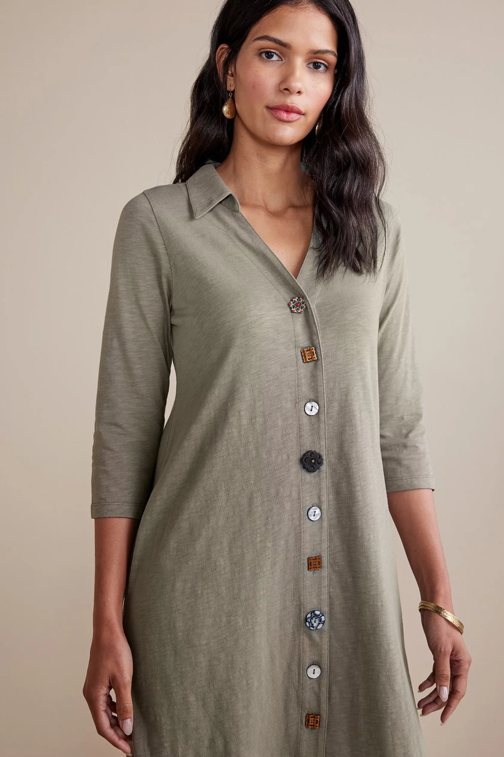 Soft Surroundings 3/4 Sleeve Danielle Button Dress