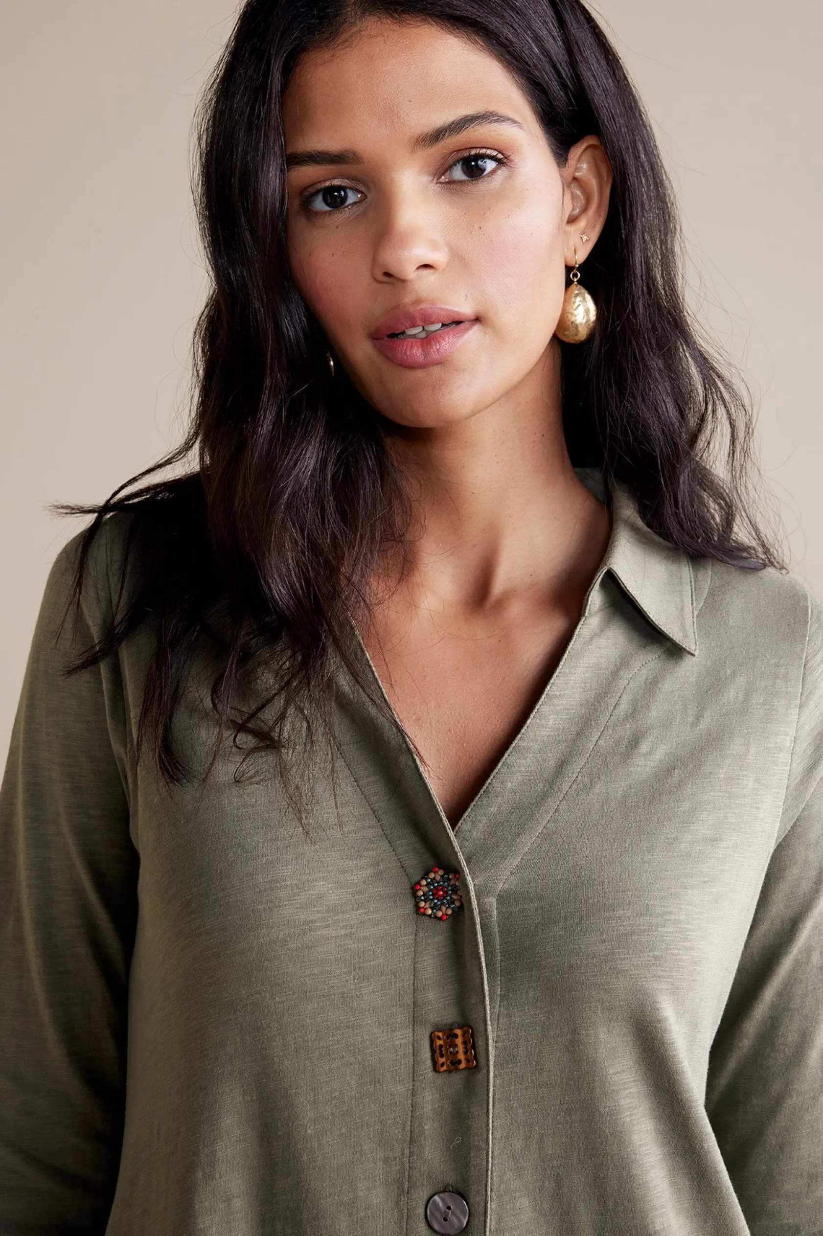 Soft Surroundings 3/4 Sleeve Danielle Button Dress