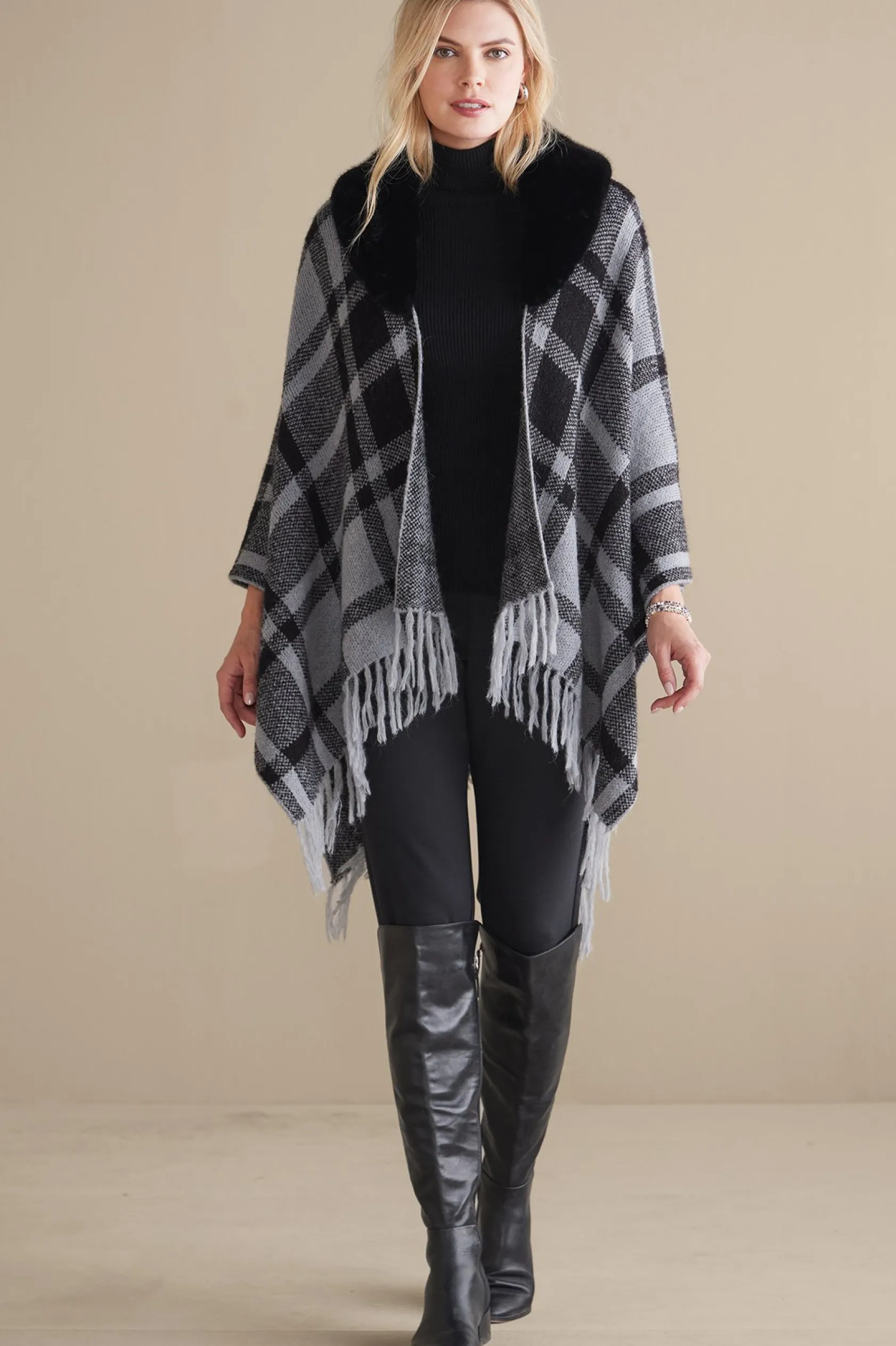 Soft Surroundings Demetria Plaid Poncho with Fur Collar