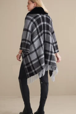 Soft Surroundings Demetria Plaid Poncho with Fur Collar