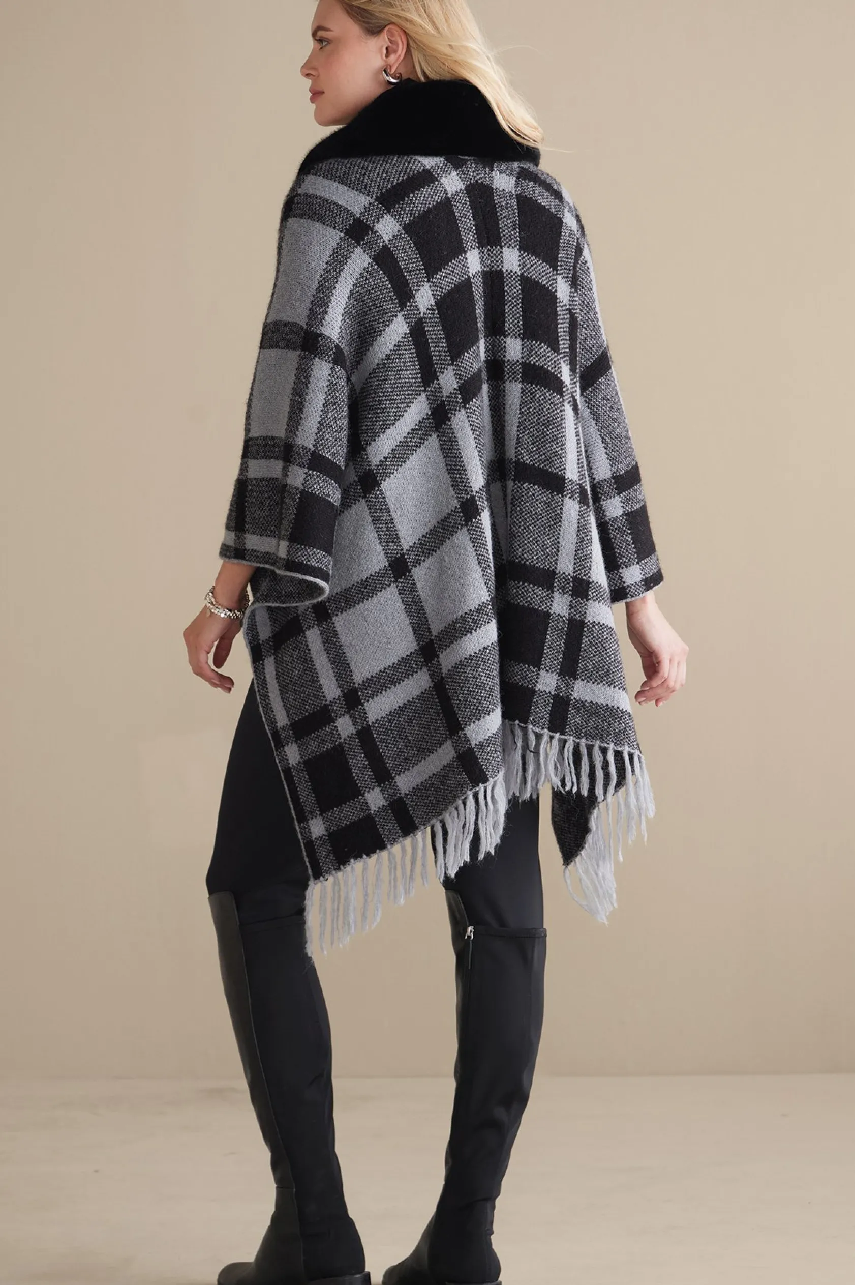 Soft Surroundings Demetria Plaid Poncho with Fur Collar