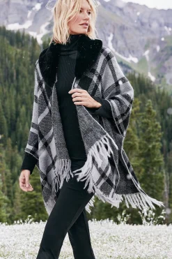 Soft Surroundings Demetria Plaid Poncho with Fur Collar