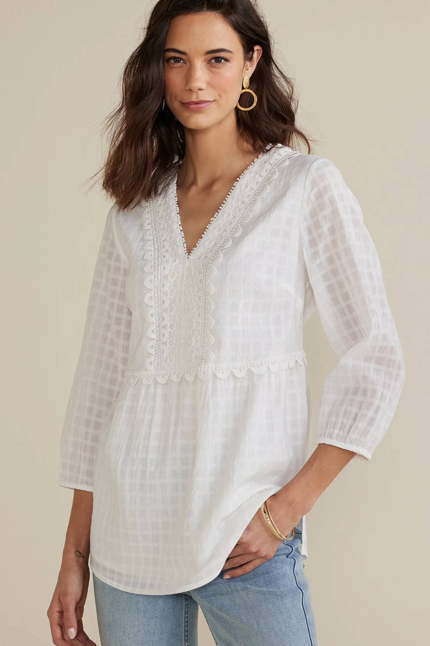 Soft Surroundings Petites Elodie Windowpane Gauze Top