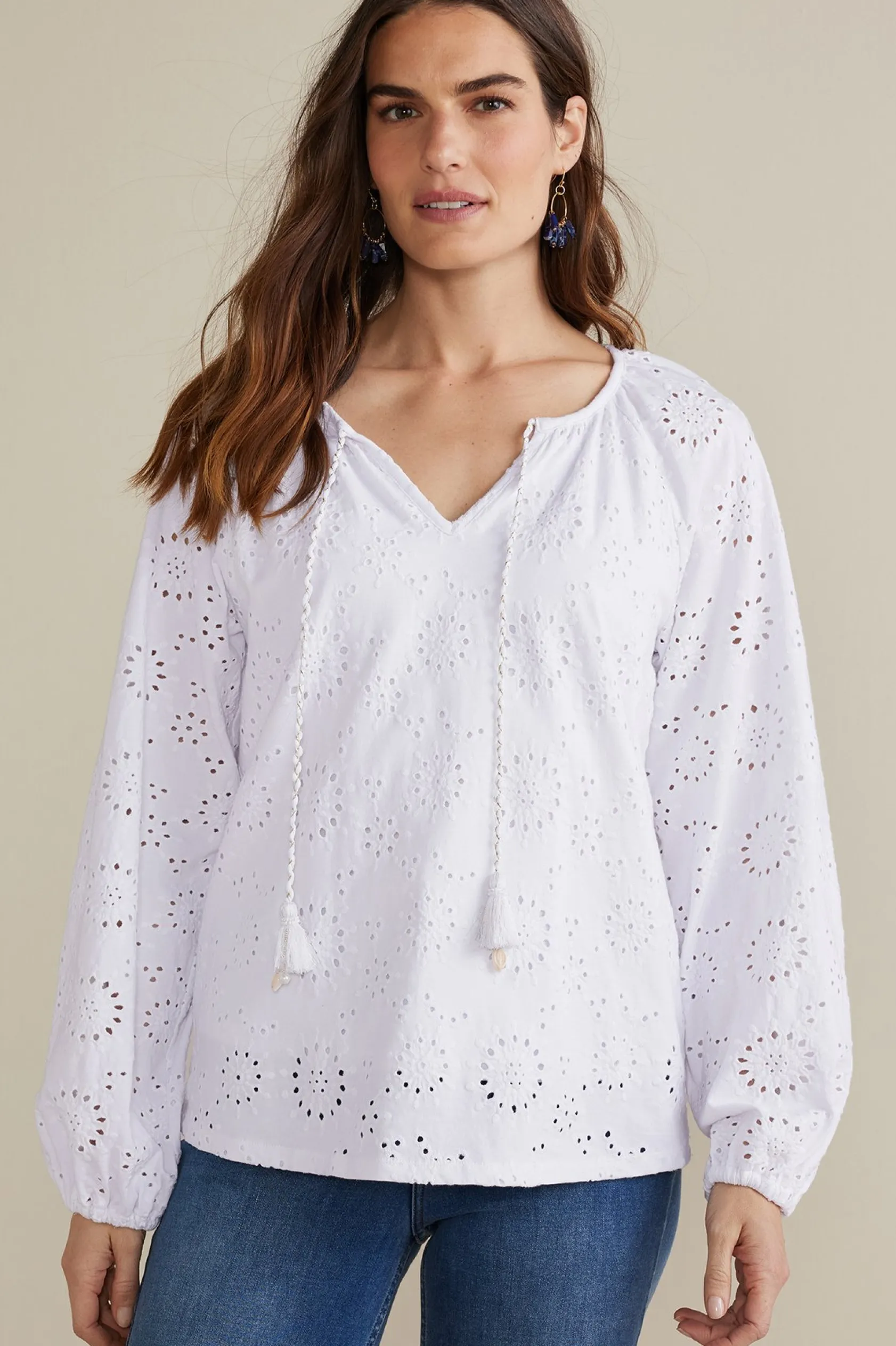 Soft Surroundings Petites Rhiannon Eyelet Peasant Top