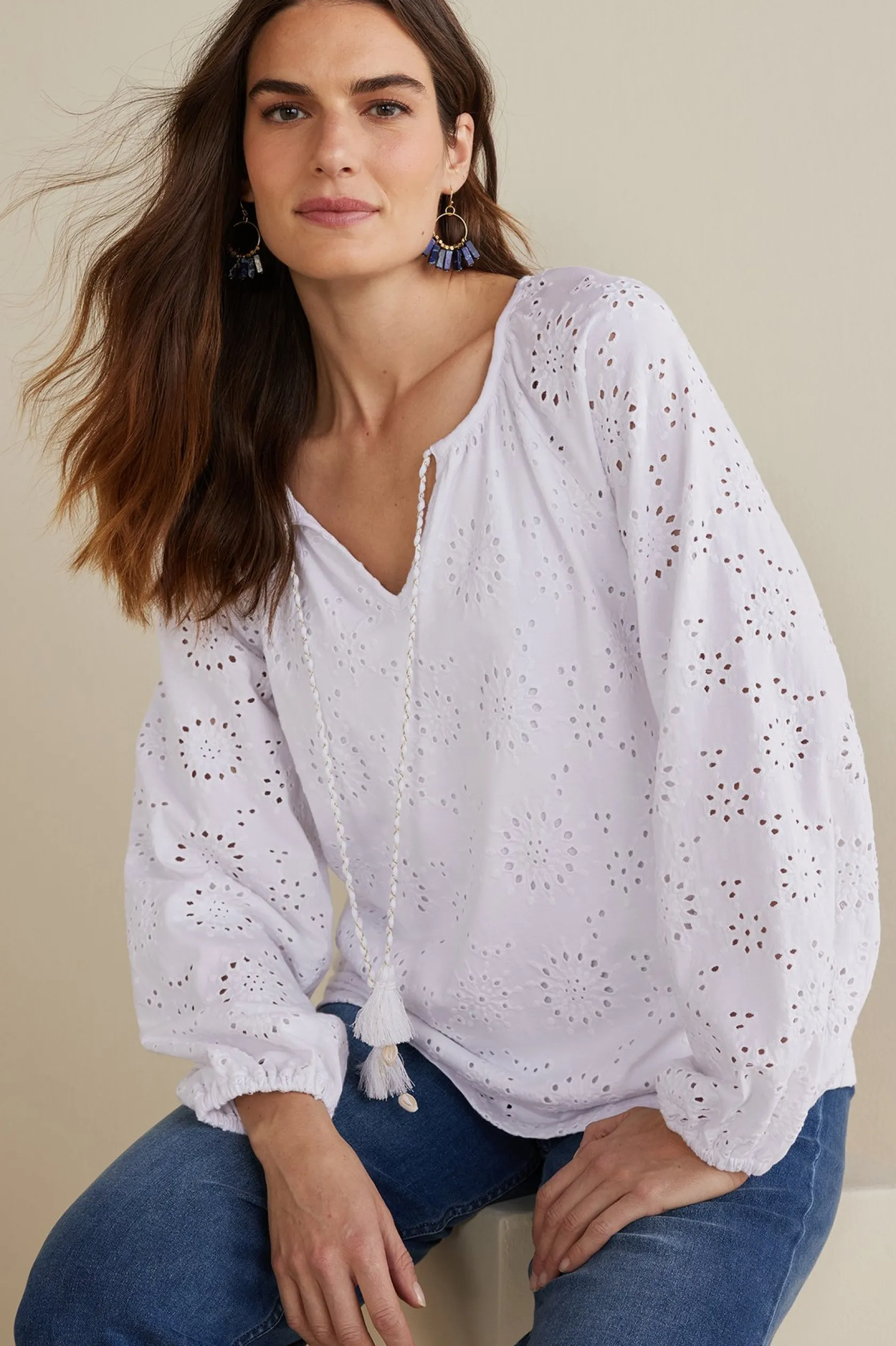 Soft Surroundings Petites Rhiannon Eyelet Peasant Top